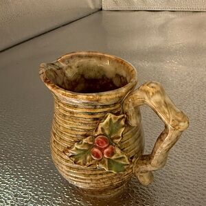 Vintage Majolica Ceramic Handmade Aesthetic Creamer with Holly